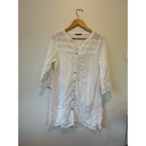 Breakout womens white cotton dress size L lace embroidery knee length buttons